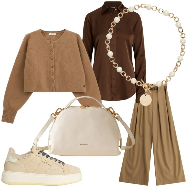 Outfit donna - In gamba. Stile Sporty chic per Ufficio. Abbinamento con borse a mano, cardigans, pantaloni a palazzo, camicie, collane, sneakers.