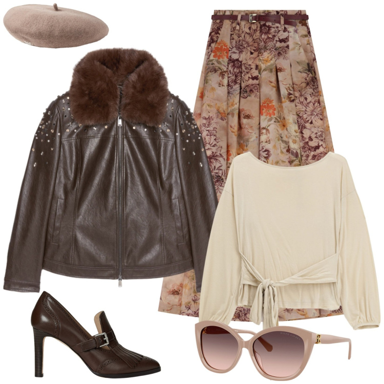 Outfit donna - Flower power. Stile Trendy per Serata fuori. Abbinamento con pantaloni a palazzo, top, occhiali da sole, décolleté, berretti, giacche.