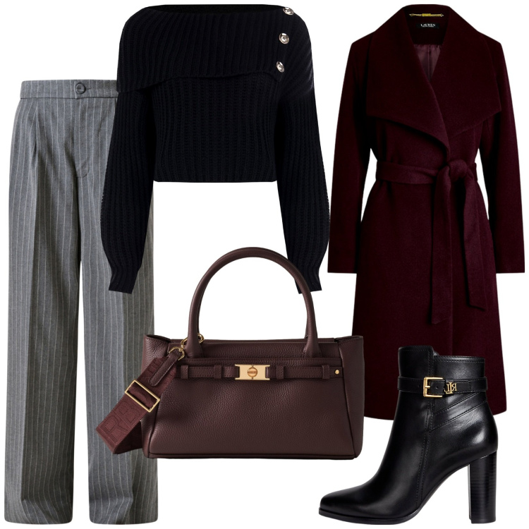 Outfit donna - Total look #2284617. Stile Casual chic per Ufficio. Abbinamento con pantaloni, maglieria, borse a mano, cappotti, stivaletti.