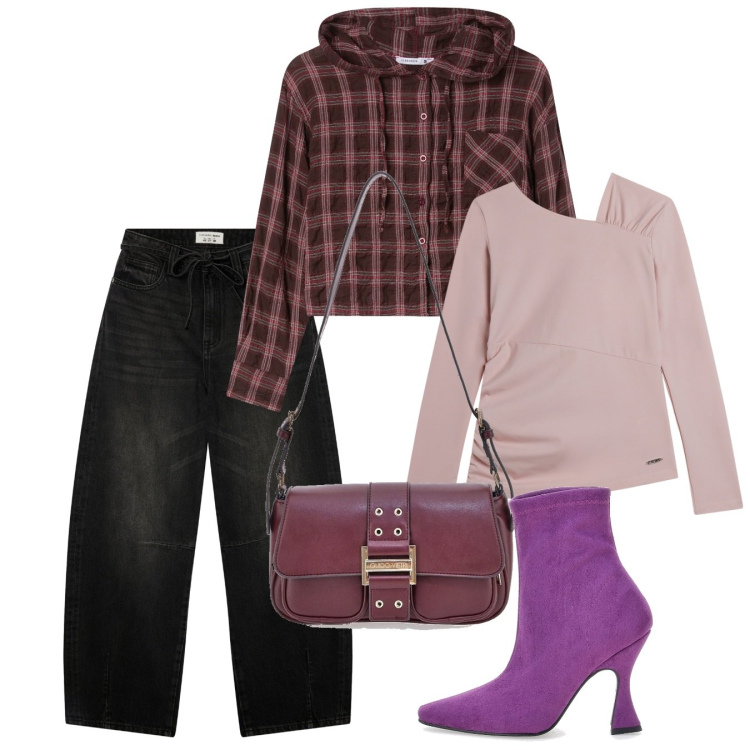 Outfit donna - I tacchi viola. Stile Casual chic per Tutti i giorni. Abbinamento con jeans, camicie, maglieria, borse a tracolla, stivaletti texani.
