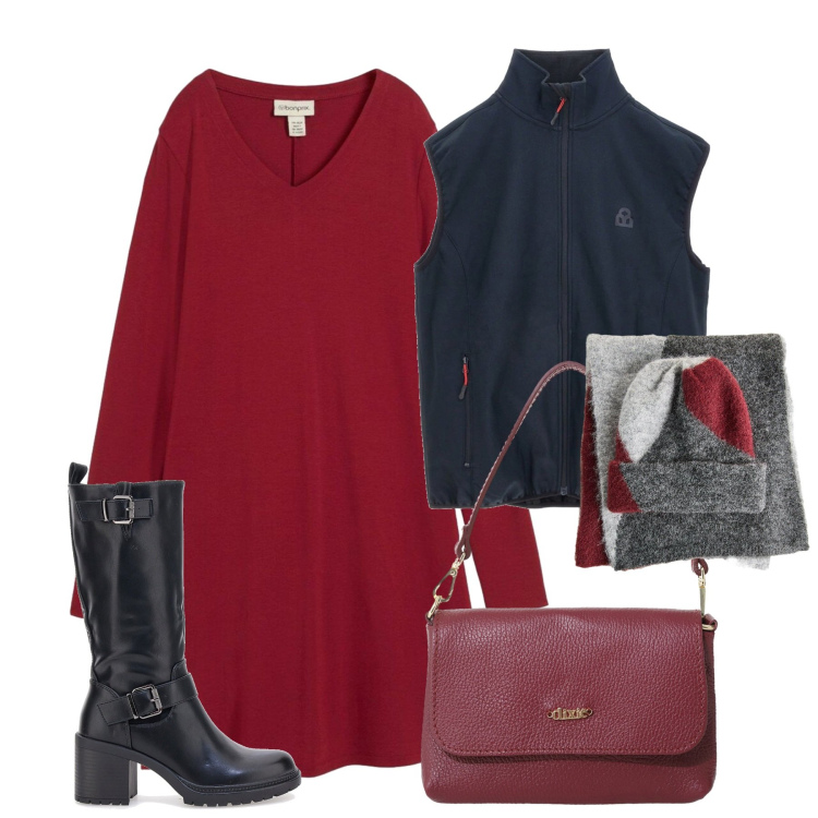 Outfit donna - Novembre. Stile Bon Ton per Ufficio. Abbinamento con vestiti, sciarpe, borse a tracolla, stivali, gilet.