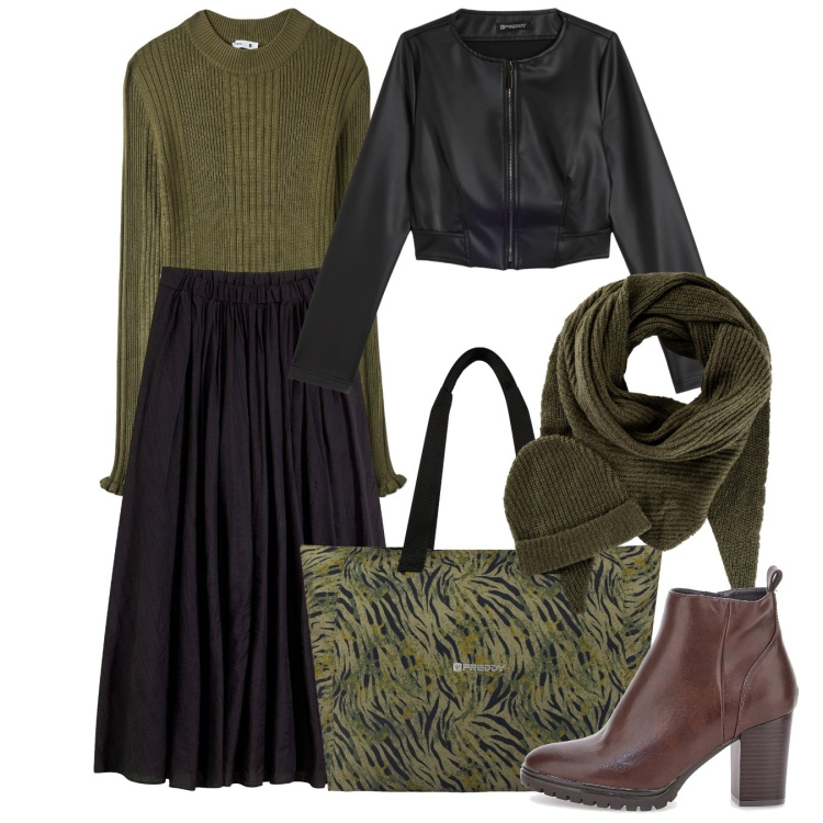 Outfit donna - Ruota. Stile Bon Ton per Tutti i giorni. Abbinamento con sciarpe, gonne lunghe, maglieria, shopping bag, giacche, stivaletti.