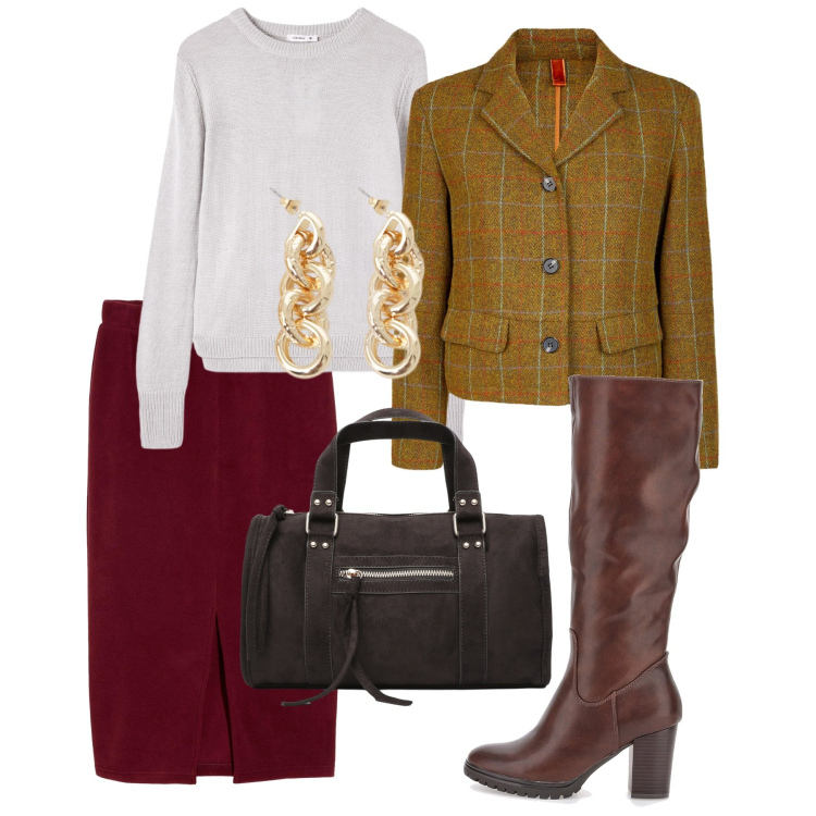 Outfit donna - In ufficio. Stile Bon Ton per Ufficio. Abbinamento con gonne longuette, maglieria, borse a mano, orecchini, stivali, blazer.