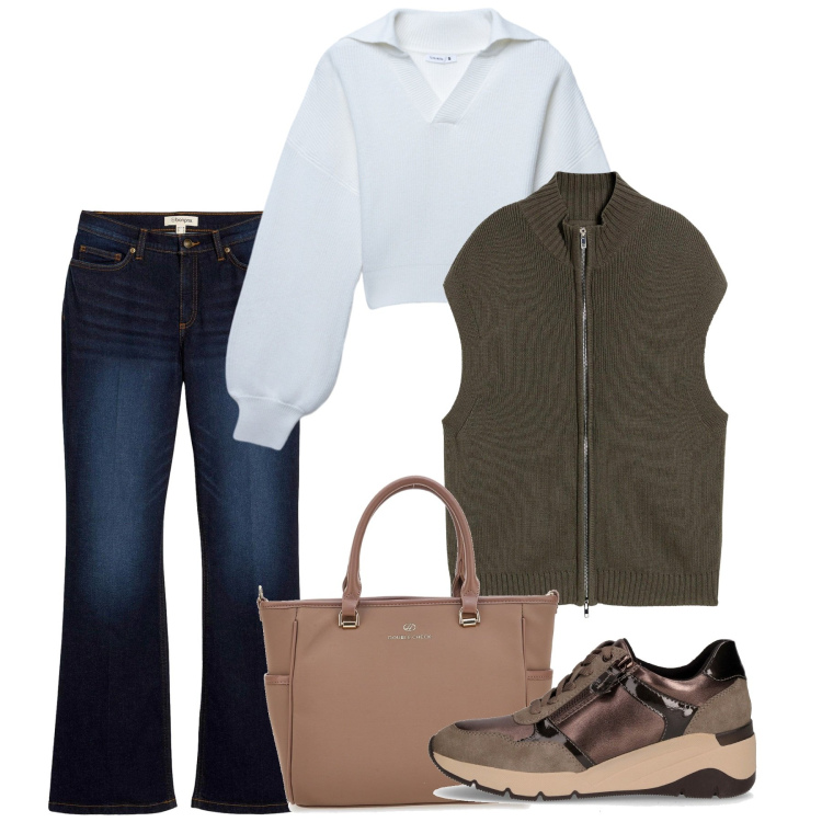 Outfit donna - Novembre. Stile Casual per Tutti i giorni. Abbinamento con jeans bootcut, maglieria, maglieria, borse a tracolla, sneakers alte.