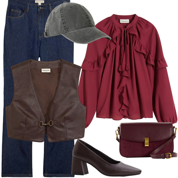 Outfit donna - Ragazza country. Stile 70s per Tutti i giorni. Abbinamento con cappelli con visiera, gilet, bluse, jeans dritti, décolleté, borse a mano.