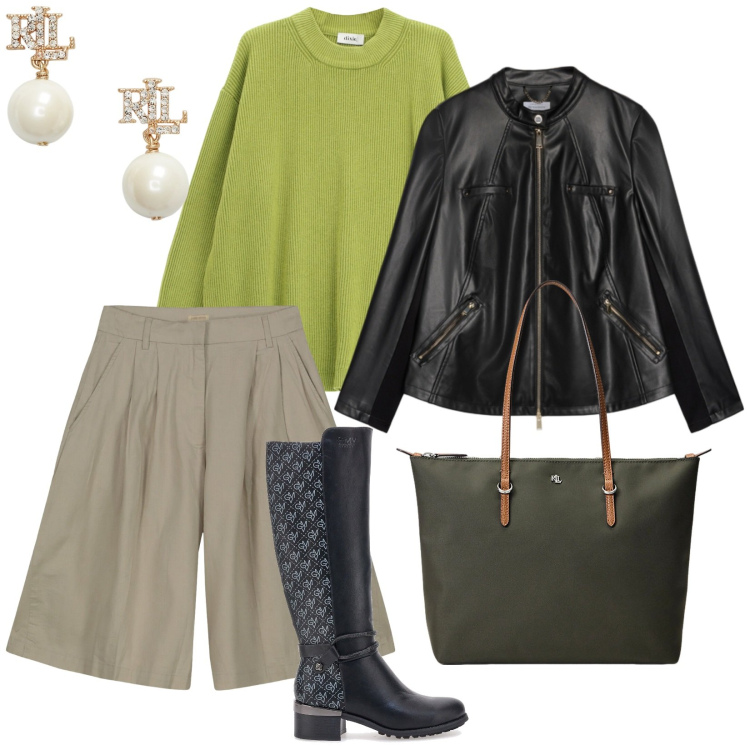 Outfit donna - A novembre. per Tutti i giorni. Abbinamento con maglieria, borse tote, orecchini, stivali, bermuda, giacche.