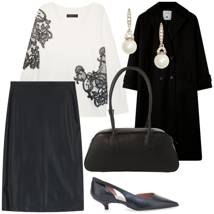 Outfit donna - Invito a cena. per Serata fuori. Abbinamento con cappotti, gonne longuette, borse a mano, orecchini, maglieria, décolleté.