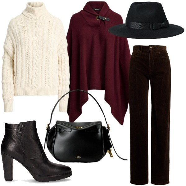 Outfit donna - Stile per l\'autunno. Stile Glamour per Serata fuori. Abbinamento con borse a mano, pantaloni, cappotti, maglieria, cappelli, stivaletti.