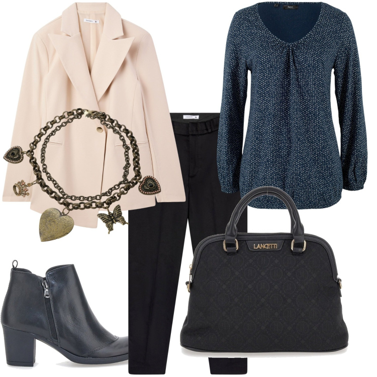 Outfit donna - Colori in gioco. Stile Casual per Ufficio. Abbinamento con maglieria, blazer, pantaloni chino, collane, borse a spalla, stivaletti.