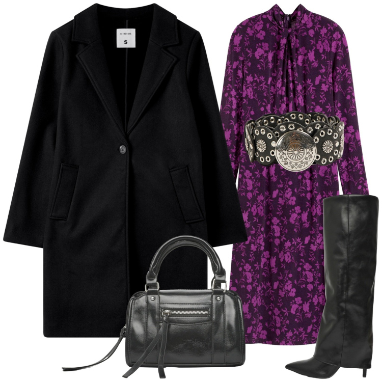 Outfit donna - Eleganza economica. Stile Trendy per Serata fuori. Abbinamento con vestiti midi/longuette, cappotti, stivali, cinture, borse a mano.