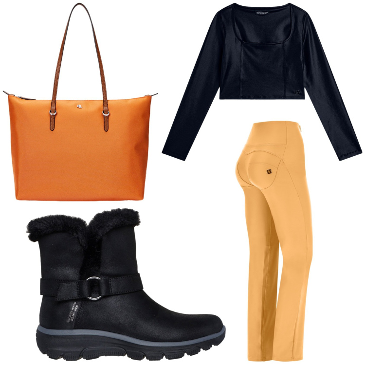 Outfit donna - I pantaloni a zampa Freddy. Stile Basic per Tutti i giorni. Abbinamento con maglieria, pantaloni, borse tote, stivaletti.
