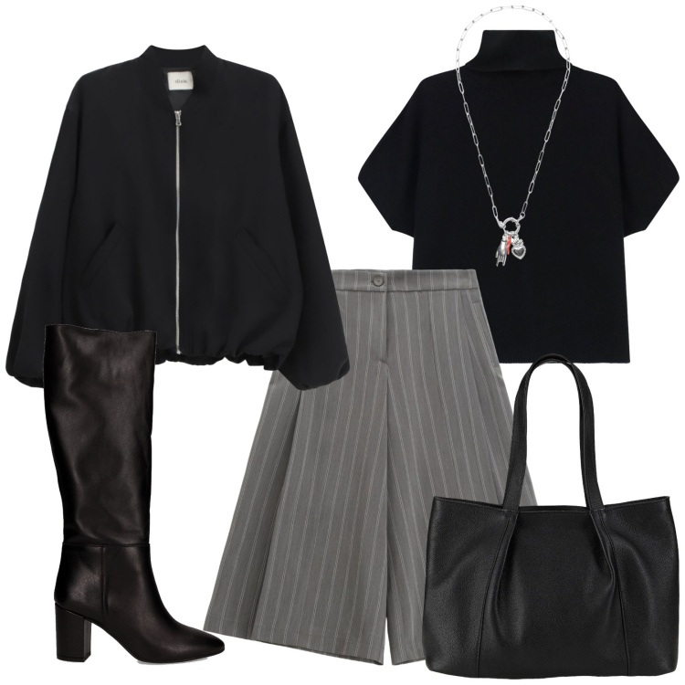 Outfit donna - Bermuda style. Stile Trendy per Ufficio. Abbinamento con shopping bag, maglieria, pantaloni, ciondoli, bomber, stivali.