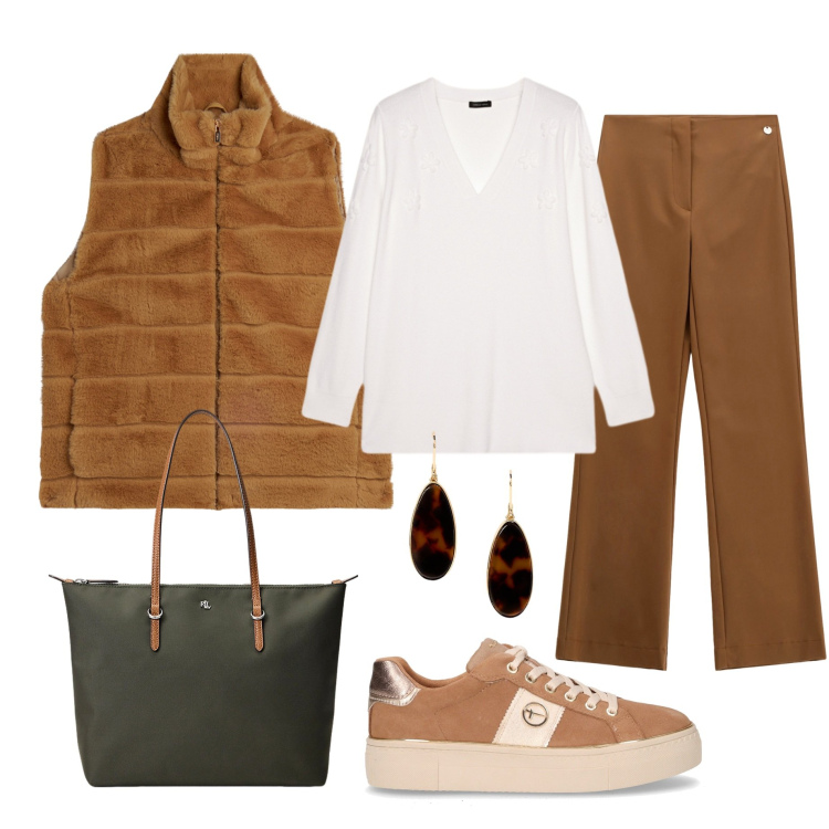 Outfit donna - Comfy curvy novembre. Stile Casual per Ufficio. Abbinamento con pantaloni, gilet, borse tote, orecchini, maglieria, sneakers.