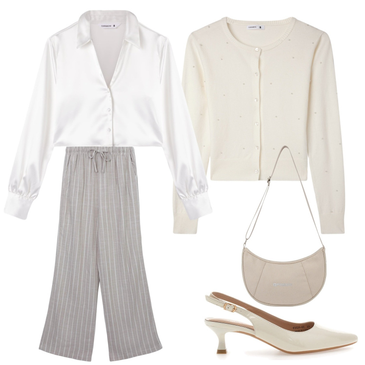 Outfit donna - Look snow. Stile Chic per Serata fuori. Abbinamento con pantaloni, camicie, cardigans, borse a spalla, décolleté.