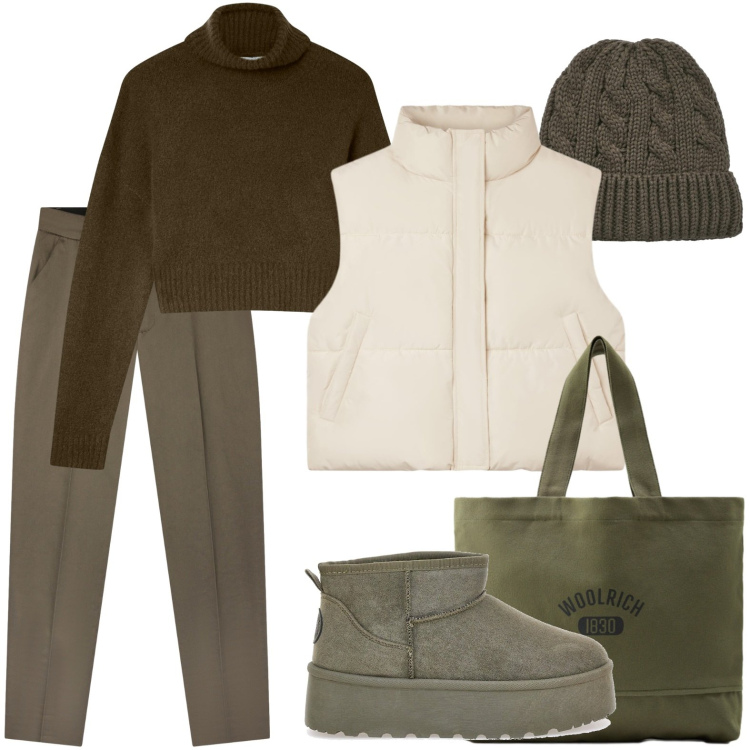 Outfit donna - Giornata green. Stile Casual per Tutti i giorni. Abbinamento con pantaloni chino, maglieria, berretti, piumini, borse tote, stivaletti.