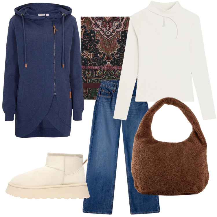 Outfit donna - La borsa intrigante. Stile Casual per Scuola/Università. Abbinamento con blazer, shopping bag, jeans, stivaletti, foulard, maglieria.