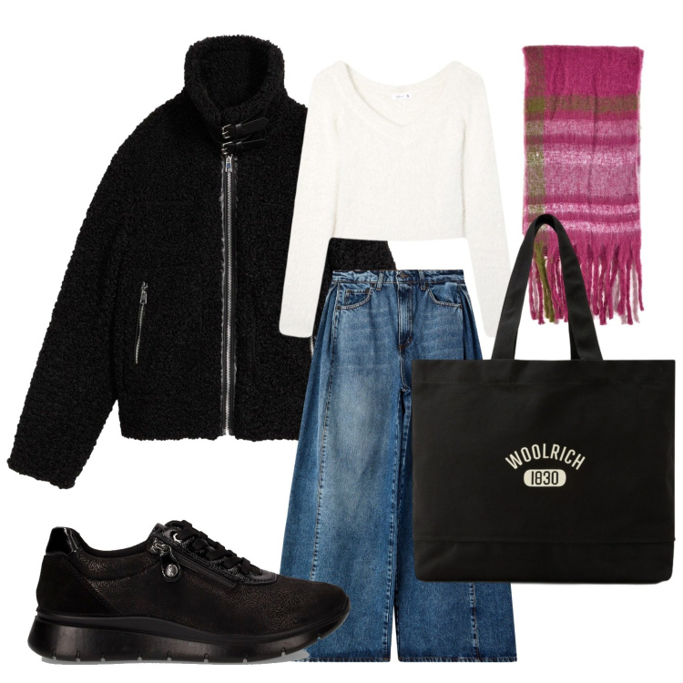 Outfit donna - I jeans comodi. Stile Casual per Scuola/Università. Abbinamento con ecopellicce, maglieria, jeans, borse tote, sciarpe, sneakers.