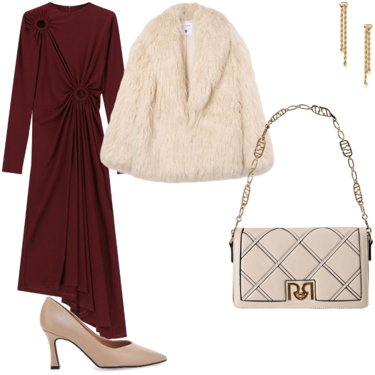 Outfit donna - Semplicemente elegante. Stile Chic per Serata fuori. Abbinamento con ecopellicce, borse a tracolla, vestiti lunghi, orecchini, décolleté.