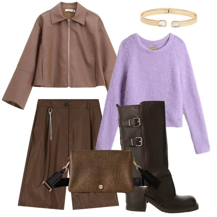 Outfit donna - Gli stivali con fibbia. Stile Casual per Serata fuori. Abbinamento con blazer, bermuda, borse a tracolla, stivali, braccialetti, maglieria.