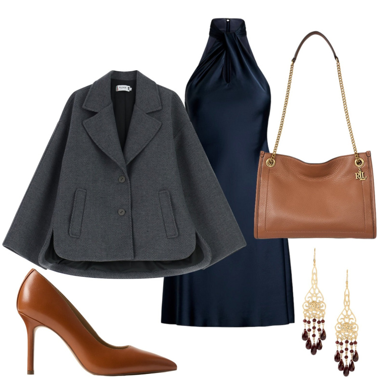 Outfit donna - La mantella coprente. Stile Chic per Serata fuori. Abbinamento con blazer, vestiti, borse tote, orecchini, décolleté.