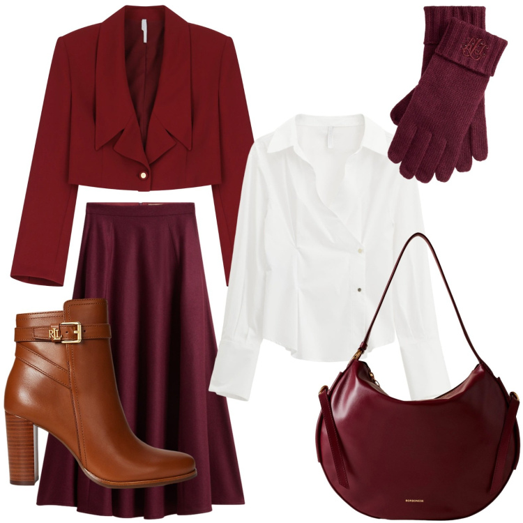 Outfit donna - Best wine. Stile Glamour per Serata fuori. Abbinamento con camicie, blazer, borse a spalla, stivaletti, guanti, gonne lunghe.