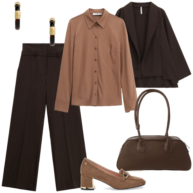 Outfit donna - Pantaloni gessati-ufficio-cerimonia-even. Stile Mannish per Cerimonia. Abbinamento con camicie, pantaloni, blazer, borse a mano, orecchini, mocassini.
