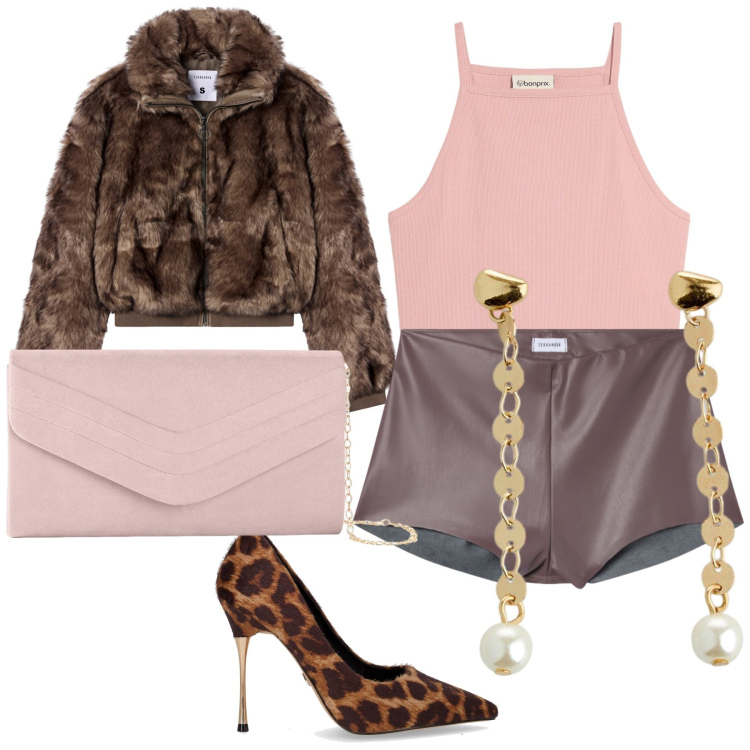 Outfit donna - Sexy per l aperitivo. Stile Sexy per Serata fuori. Abbinamento con pochette, top, orecchini, shorts, ecopellicce, décolleté.