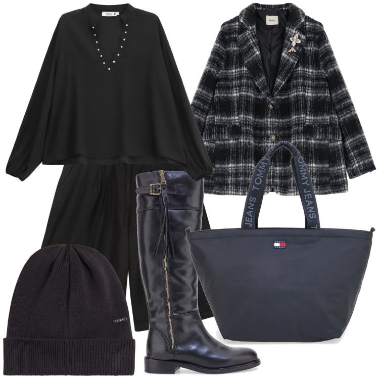 Outfit donna - Bermuda da ufficio con stivali. Stile Urban per Ufficio. Abbinamento con camicie, berretti, blazer, bermuda, stivali, borse tote.