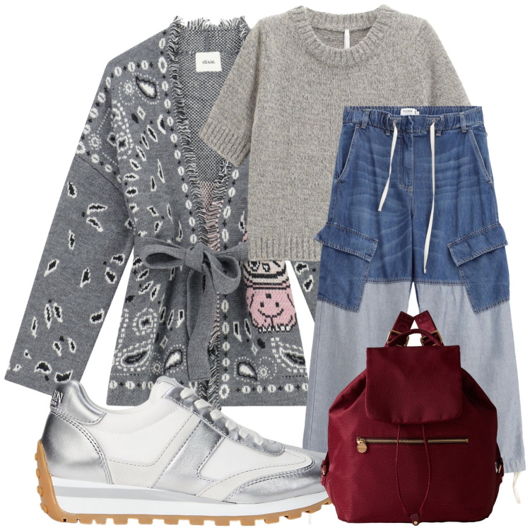 Outfit donna - Il cardigan fa un look mix. Stile Trendy per Tutti i giorni. Abbinamento con jeans, maglieria, zaini, cardigans, sneakers.