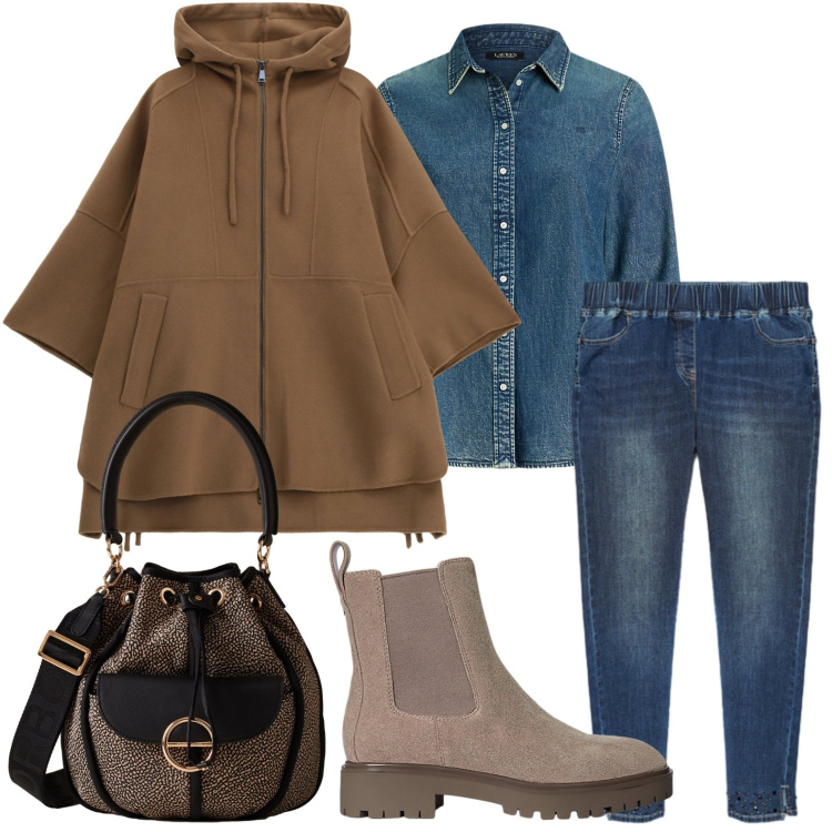 Outfit donna - Jeans day. Stile Casual per Tutti i giorni. Abbinamento con borse a secchiello, cappotti, stivaletti chelsea, camicie, jeggings.