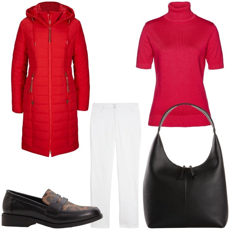 Outfit donna - Rosso. Stile Casual per Tutti i giorni. Abbinamento con blazer, shopping bag, mocassini, pantaloni, maglieria.