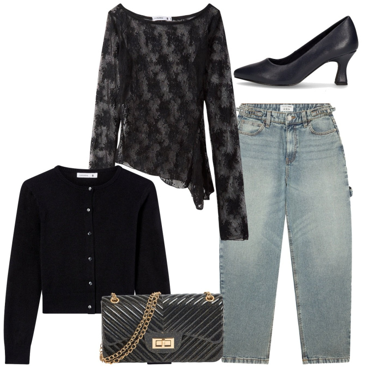 Outfit donna - Serata. Stile Casual chic per Serata fuori. Abbinamento con maglieria, cardigans, jeans, borse a tracolla, décolleté.