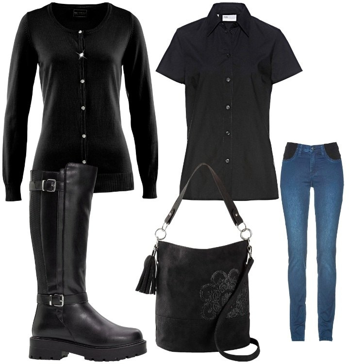 Outfit donna - A lezione. Stile Casual per Scuola/Università. Abbinamento con jeans skinny, stivali, borse a mano, cardigans, camicie a manica corta.