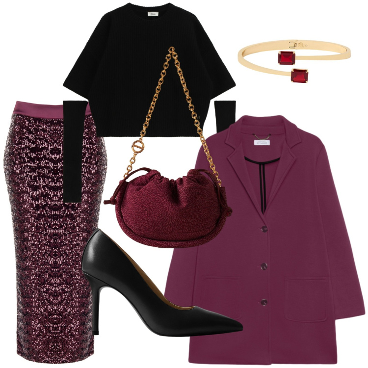 Outfit donna - Party night. Stile Chic per Serata fuori. Abbinamento con gonne longuette, maglieria, borse a spalla, braccialetti, décolleté, cappotti.