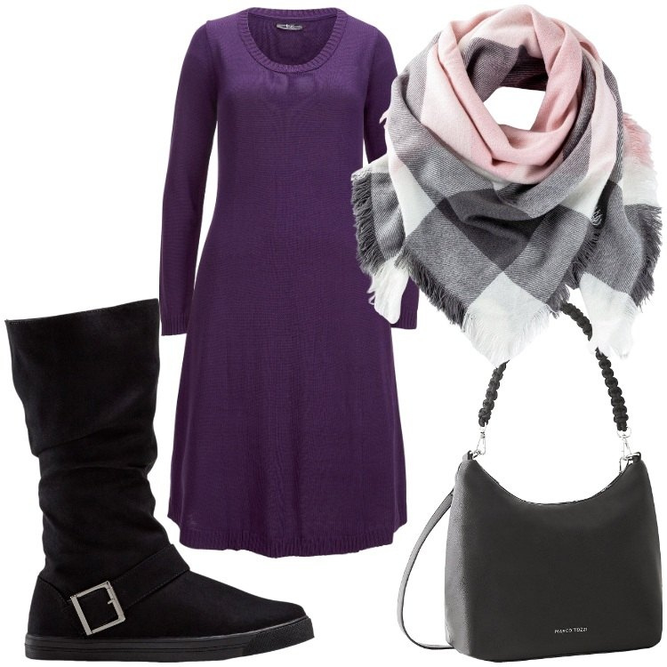 Outfit donna - Autunno. Stile Casual per Tutti i giorni. Abbinamento con vestiti, foulard, stivali, borse a mano.