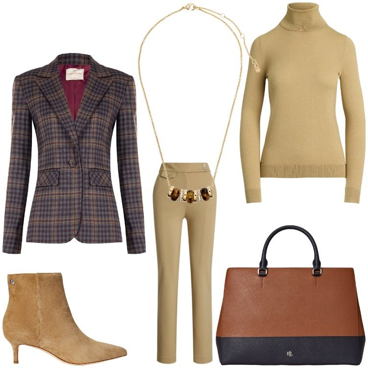 Outfit donna - Domani in ufficio. Stile Chic per Ufficio. Abbinamento con blazer, collane, stivaletti, maglieria, pantaloni, borse a mano.