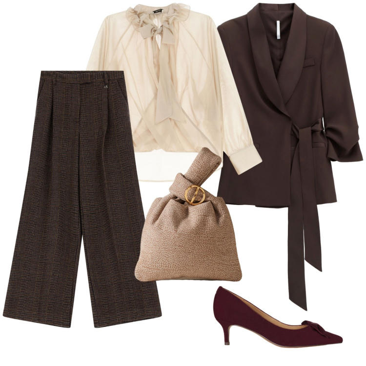 Outfit donna - Calda eleganza in ufficio. Stile Chic per Ufficio. Abbinamento con blazer, borse a mano, bluse, pantaloni a palazzo, décolleté.