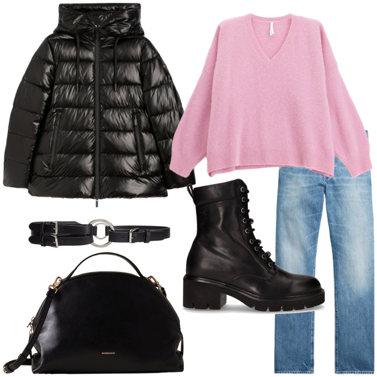 Outfit donna - Mai senza la borsa. Stile Minimal per Tutti i giorni. Abbinamento con maglieria, borse a mano, piumini, jeans dritti, cinture, anfibi.