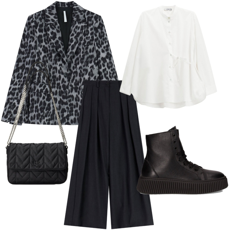 Outfit donna - Animalier. Stile Casual per Ufficio. Abbinamento con camicie, blazer, pantaloni a palazzo, borse a tracolla, anfibi.