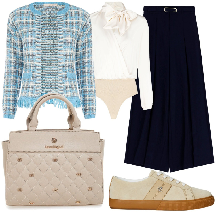 Outfit donna - Casual chic dinamica. Stile Casual chic per Tutti i giorni. Abbinamento con bluse, blazer, pantaloni, sneakers, borse a mano.