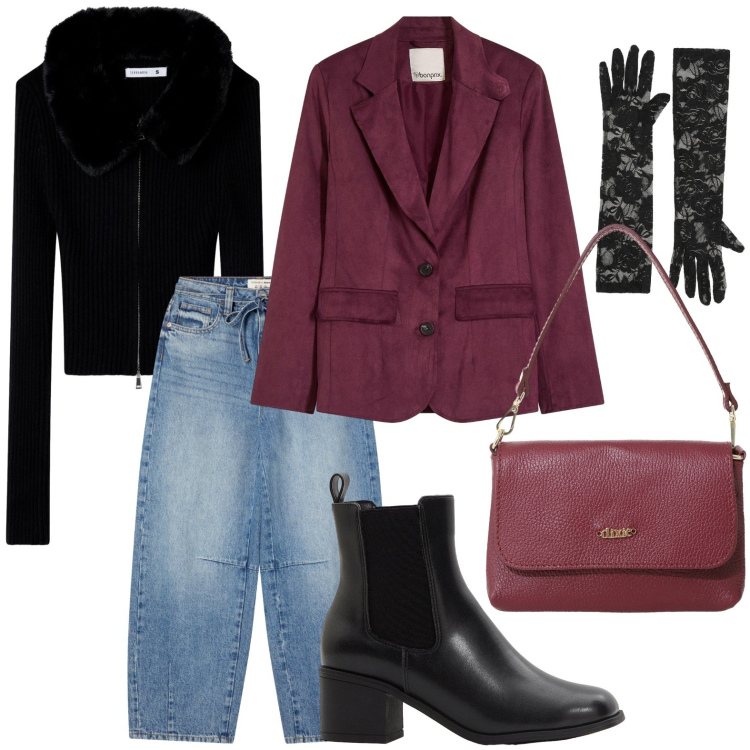 Outfit donna - Wine blazer. Stile Casual per Ufficio. Abbinamento con blazer, stivaletti, cardigans, jeans, borse a tracolla, guanti.