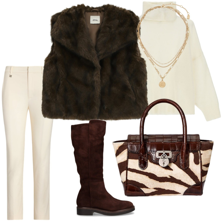 Outfit donna - Gilet quotidiano. Stile Minimal per Tutti i giorni. Abbinamento con maglieria, camicie, pantaloni, borse a mano, ciondoli, stivali.