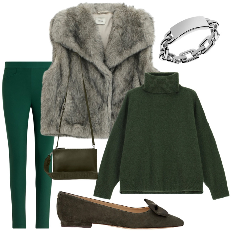 Outfit donna - Ultima tendenza. Stile Glamour per Tutti i giorni. Abbinamento con maglieria, camicie, anelli, borse a tracolla, ballerine, pantaloni.