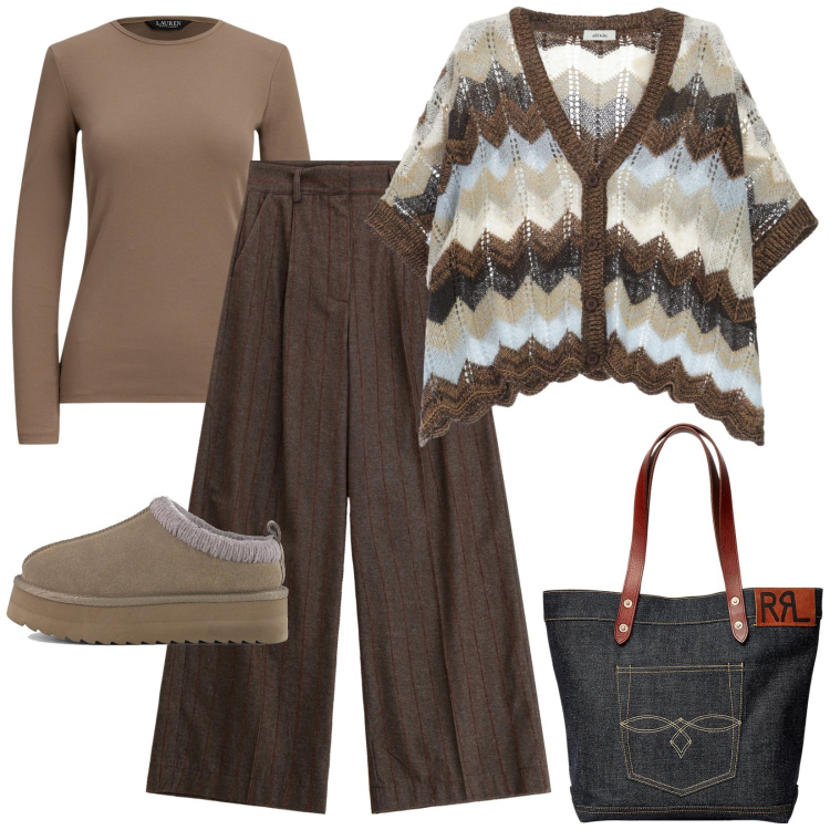 Outfit donna - Gessato in marrone. Stile Basic per Tutti i giorni. Abbinamento con pantaloni a palazzo, cardigans, borse tote, t-shirt, sabot.