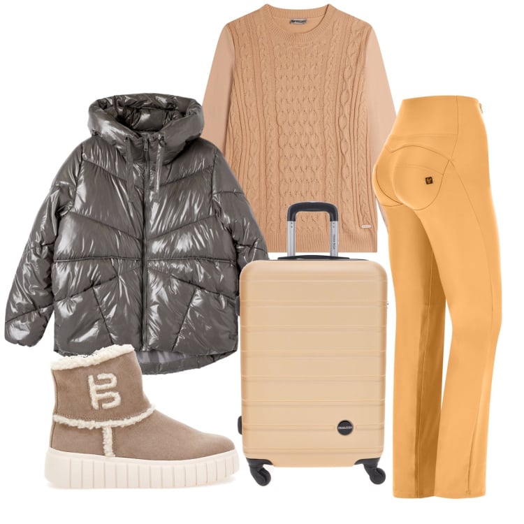 Outfit donna - Total look #2284701. Stile Casual chic per Tutti i giorni. Abbinamento con bomber, pantaloni, maglieria, stivaletti, valigie.