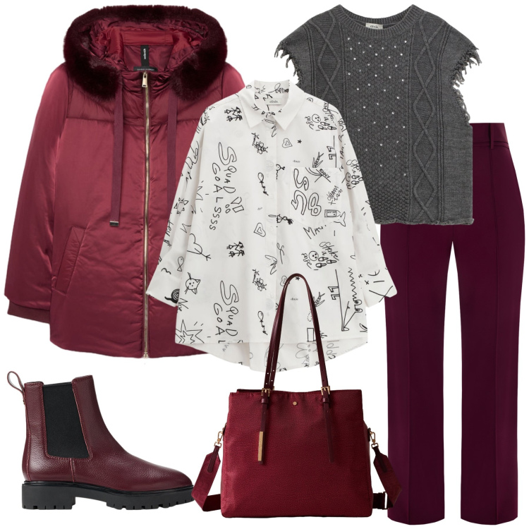 Outfit donna - Total look #2284706. Stile Casual chic per Tutti i giorni. Abbinamento con pantaloni, shopping bag, camicie, maglieria, stivaletti chelsea, piumini.