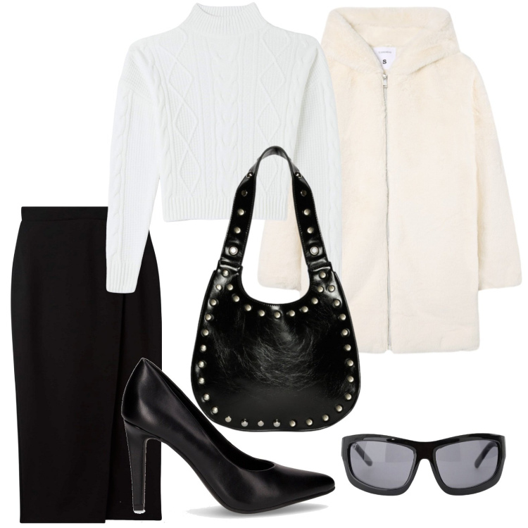 Outfit donna - Minimalismo assoluto. Stile Chic per Serata fuori. Abbinamento con gonne longuette, cappotti, maglieria, occhiali da sole, borse a spalla, décolleté.