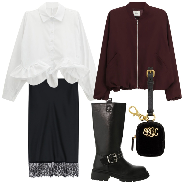 Outfit donna - Il bomber pratico. Stile Casual per Serata fuori. Abbinamento con camicie, stivali, gonne longuette, bomber, pochette.