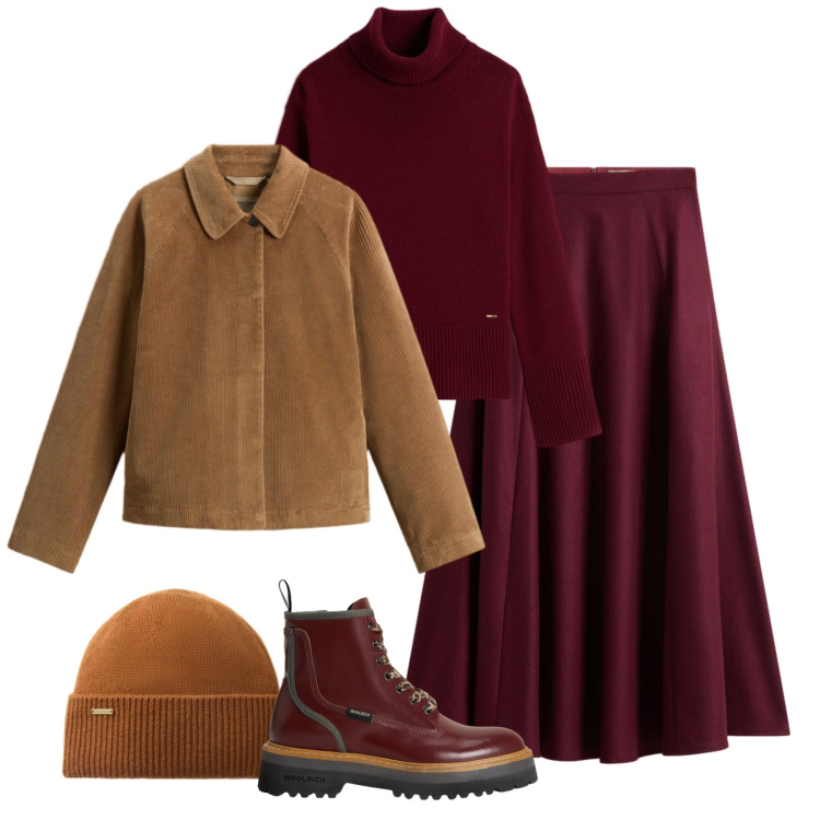Outfit donna - Lo stile Woolrich. Stile Casual chic per Tutti i giorni. Abbinamento con maglieria, anfibi, berretti, gonne lunghe, cappotti.
