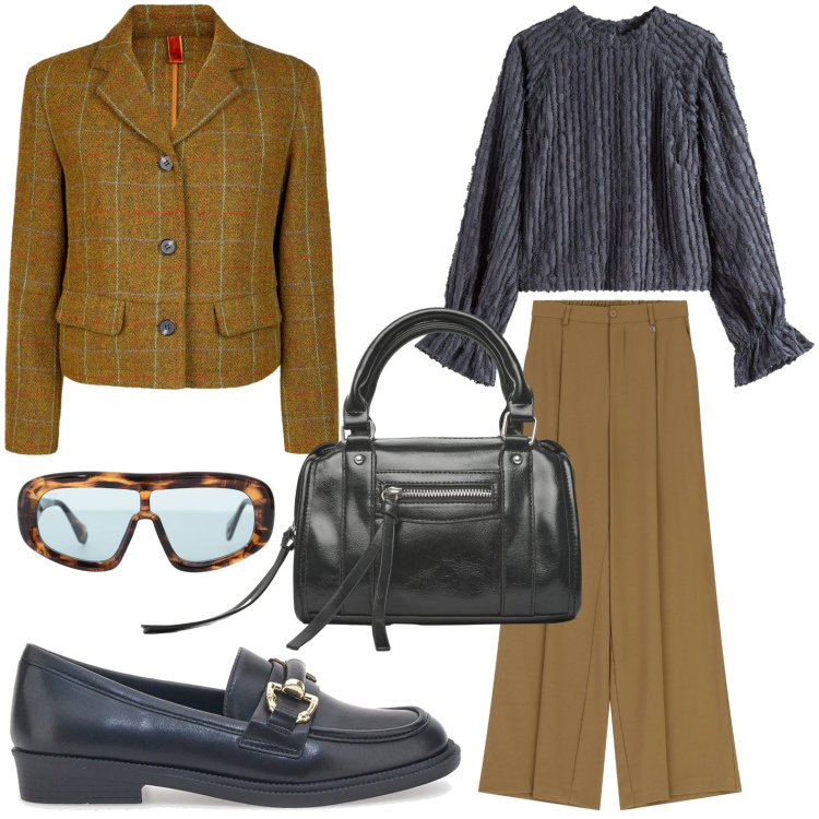 Outfit donna - Il capospalla pratico. Stile Casual per Ufficio. Abbinamento con bluse, borse a mano, occhiali da sole, pantaloni a palazzo, mocassini, blazer.